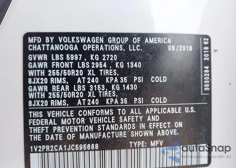 2018 Volkswagen Atlas 3.6L V6 Se W/Technology из США, поврежденный, VIN 1V2PR2CA1JC595668